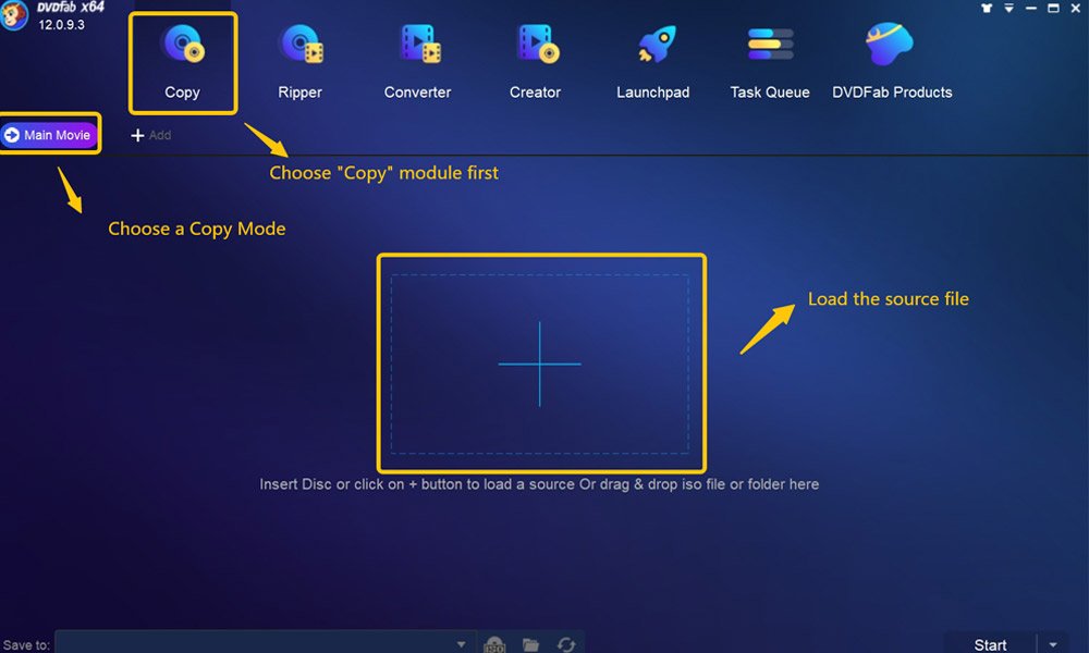 Start with launching the software and loading the DVD source DVD Copy Software
